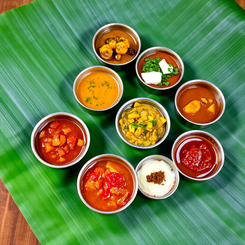 Assorted South Indian chutneys and sambar